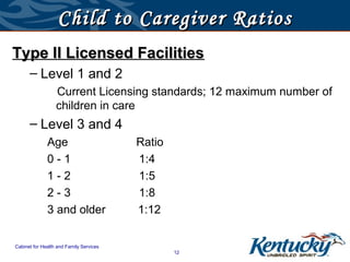 Child to Caregiver Ratios
Type II Licensed Facilities
      – Level 1 and 2
                  Current Licensing standards; 12 maximum number of
                  children in care
      – Level 3 and 4
              Age                        Ratio
              0-1                        1:4
              1-2                        1:5
              2-3                        1:8
              3 and older                1:12

Cabinet for Health and Family Services
                                                 12
 