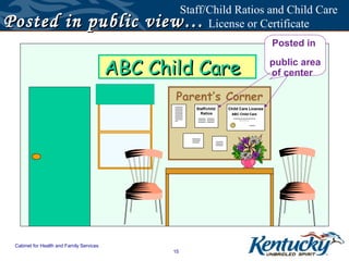 Staff/Child Ratios and Child Care
Posted in public view…                                               License or Certificate
                                                                                                                                                                                                                                   Posted in

                                          ABC Child Care                                                                                                                                                                           public area
                                                                                                                                                                                                                                   of center

                                                    Parent’s Corner
                                                 llllllllllllllllllllll
                                                 llllllllllllllllllllll
                                                 llllllllllllllllllllll
                                                                                     Staff/child                                                                Child Care License
                                                                                       Ratios
                                                 llllllllllllllllllllll
                                                 llllllllllllllllllllll
                                                 llllllllllllllllllllll
                                                                                                                                                                 ABC Child Care
                                                 llllllllllllllllllllll
                                                 llllllllllllllllllllll                   lllllllllllllllllllll lllllllllllllllllllll                             Llllllllllllllllllllllllllllllllllllllllllllllllllllllllllllll
                                                 llllllll                                 lllllllllllllllllllll lllllllllllllllllllll                                              lvvvvvvvvvvvvv
                                                                                          lllllllllllllllllllll lllllllllllllllllllll
                                                                                                                                                                                               v
                                                                                                                                                                                                               lllllllllllllllv




                                                                          llllllllllllllllllllll
                                                                          llllllllllllllllllllll
                                                                          lllllllllllllllllll                                           lllllllllllllllllllll
                                                                                                                                        lllllllllllllllllllll
                                                                                                                                        lllllllllllllllllllll




 Cabinet for Health and Family Services
                                                 15
 