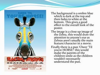 The background is a ombre blue
which is dark at the top and
then fades to white at the
bottom. This gives a good
effect to the overall look of the
poster.
The image is a close up image of
the Zebra, this would draw the
attention to anyone's eye as
Zebras aren’t usually the main
feature/character in a movie.
Finally there is a pun ‘Cheer ‘Til
you’re HORSE!’ this would
make the parents of the
children smile as the children
wouldn’t necessarily
understand the pun.

 
