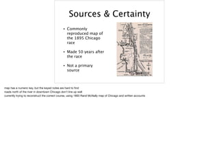 Sources & Certainty
• Commonly
reproduced map of
the 1895 Chicago
race
• Made 50 years after
the race
• Not a primary
source
map has a numeric key, but the keyed notes are hard to ﬁnd

roads north of the river in downtown Chicago don’t line up well

currently trying to reconstruct the correct course, using 1893 Rand McNally map of Chicago and written accounts
 