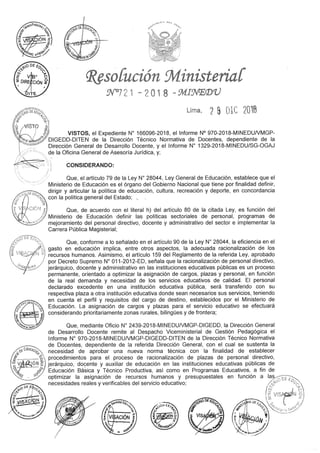 [MINEDU] Normas  para el proceso de Racionalización de plazas de personal Directivo, Docente y Auxiliar de Educación 2019