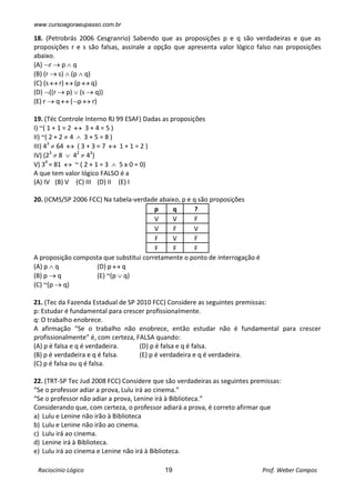 www.cursoagoraeupasso.com.br
Raciocínio Lógico 19 Prof. Weber Campos
18. (Petrobrás 2006 Cesgranrio) Sabendo que as proposições p e q são verdadeiras e que as
proposições r e s são falsas, assinale a opção que apresenta valor lógico falso nas proposições
abaixo.
(A) r  p  q
(B) (r  s)  (p  q)
(C) (s  r)  (p  q)
(D) ((r  p)  (s  q))
(E) r  q  (p  r)
19. (Téc Controle Interno RJ 99 ESAF) Dadas as proposições
I) ~( 1 + 1 = 2  3 + 4 = 5 )
II) ~( 2 + 2  4  3 + 5 = 8 )
III) 43
 64  ( 3 + 3 = 7  1 + 1 = 2 )
IV) (23
 8  42
 43
)
V) 34
= 81  ~ ( 2 + 1 = 3  5 x 0 = 0)
A que tem valor lógico FALSO é a
(A) IV (B) V (C) III (D) II (E) I
20. (ICMS/SP 2006 FCC) Na tabela-verdade abaixo, p e q são proposições
p q ?
V V F
V F V
F V F
F F F
A proposição composta que substitui corretamente o ponto de interrogação é
(A) p  q (D) p  q
(B) p  q (E) ~(p  q)
(C) ~(p  q)
21. (Tec da Fazenda Estadual de SP 2010 FCC) Considere as seguintes premissas:
p: Estudar é fundamental para crescer profissionalmente.
q: O trabalho enobrece.
A afirmação “Se o trabalho não enobrece, então estudar não é fundamental para crescer
profissionalmente” é, com certeza, FALSA quando:
(A) p é falsa e q é verdadeira. (D) p é falsa e q é falsa.
(B) p é verdadeira e q é falsa. (E) p é verdadeira e q é verdadeira.
(C) p é falsa ou q é falsa.
22. (TRT-SP Tec Jud 2008 FCC) Considere que são verdadeiras as seguintes premissas:
“Se o professor adiar a prova, Lulu irá ao cinema.”
“Se o professor não adiar a prova, Lenine irá à Biblioteca.”
Considerando que, com certeza, o professor adiará a prova, é correto afirmar que
a) Lulu e Lenine não irão à Biblioteca
b) Lulu e Lenine não irão ao cinema.
c) Lulu irá ao cinema.
d) Lenine irá à Biblioteca.
e) Lulu irá ao cinema e Lenine não irá à Biblioteca.
 