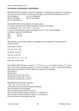www.cursoagoraeupasso.com.br
Raciocínio Lógico 26 Prof. Weber Campos
TAUTOLOGIA, CONTRADIÇÃO E CONTINGÊNCIA
50. (TRT9 2004 FCC) Considere a seguinte proposição: "na eleição para a prefeitura, o candidato A
será eleito ou não será eleito”. Do ponto de vista lógico, a afirmação da proposição caracteriza:
(A) um silogismo. (D) uma contingência.
(B) uma tautologia. (E) uma contradição.
(C) uma equivalência.
51. (ICMS/SP 2006 FCC) Considere as afirmações abaixo.
I. O número de linhas de uma tabela-verdade é sempre um número par.
II. A proposição “(10 < 10 )  (8 - 3 = 6)” é falsa.
III. Se p e q são proposições, então a proposição “(pq)  (~q)” é uma tautologia.
É verdade o que se afirma APENAS em
(A) I. (D) I e II.
(B) II. (E) I e III.
(C) III.
52. Classifique as proposições abaixo em Tautologia (T), Contradição (C) e Contingência (G):
a) (AB)(AB)
b) [A(¬B)]  [(¬A)B]
c) A  [A  (B  ~B)]
d) ¬(AB)  (¬A)B
e) AB  (¬A)(¬B)
f) (A  B)  A  (C  ¬A  ¬C)
g) [AB]  [(¬B)(¬A)]
53. (ICMS/SP 2006 FCC) Dada a sentença → ~(~p  q  r), complete o espaço com
uma e uma só das sentenças simples p, q, r ou a sua negação ~p, ~q ou ~r para que a sentença
dada seja uma tautologia. Assinale a opção que responde a essa condição
(A) Somente q.
(B) Somente p.
(C) Somente uma das duas: q ou r.
(D) Somente uma das três: ~p, q ou r.
(E) Somente uma das três: p, ~q ou ~r.
54. (ICMS/SP 2006 FCC) Seja a sentença
~{[(p  q)  r]  [ q(~p  r)]}.
Se considerarmos que p é falsa, então é verdade que
(A) essa sentença é uma tautologia.
(B) o valor lógico dessa sentença é sempre F.
(C) nas linhas da Tabela-Verdade em que p é F, a sentença é V.
(D) nas linhas da Tabela-Verdade em que p é F, a sentença é F.
(E) faltou informar o valor lógico de q e de r.
 