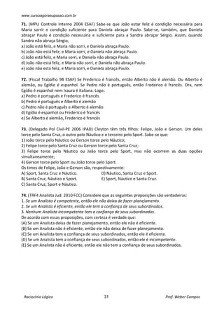www.cursoagoraeupasso.com.br
Raciocínio Lógico 31 Prof. Weber Campos
71. (MPU Controle Interno 2004 ESAF) Sabe-se que João estar feliz é condição necessária para
Maria sorrir e condição suficiente para Daniela abraçar Paulo. Sabe-se, também, que Daniela
abraçar Paulo é condição necessária e suficiente para a Sandra abraçar Sérgio. Assim, quando
Sandra não abraça Sérgio,
a) João está feliz, e Maria não sorri, e Daniela abraça Paulo.
b) João não está feliz, e Maria sorri, e Daniela não abraça Paulo.
c) João está feliz, e Maria sorri, e Daniela não abraça Paulo.
d) João não está feliz, e Maria não sorri, e Daniela não abraça Paulo.
e) João não está feliz, e Maria sorri, e Daniela abraça Paulo.
72. (Fiscal Trabalho 98 ESAF) Se Frederico é francês, então Alberto não é alemão. Ou Alberto é
alemão, ou Egídio é espanhol. Se Pedro não é português, então Frederico é francês. Ora, nem
Egídio é espanhol nem Isaura é italiana. Logo:
a) Pedro é português e Frederico é francês
b) Pedro é português e Alberto é alemão
c) Pedro não é português e Alberto é alemão
d) Egídio é espanhol ou Frederico é francês
e) Se Alberto é alemão, Frederico é francês
73. (Delegado Pol Civil-PE 2006 IPAD) Cleyton têm três filhos: Felipe, João e Gerson. Um deles
torce pelo Santa Cruz, o outro pelo Náutico e o terceiro pelo Sport. Sabe-se que:
1) João torce pelo Náutico ou Gerson torce pelo Náutico;
2) Felipe torce pelo Santa Cruz ou Gerson torce pelo Santa Cruz;
3) Felipe torce pelo Náutico ou João torce pelo Sport, mas não ocorrem as duas opções
simultaneamente;
4) Gerson torce pelo Sport ou João torce pelo Sport.
Os times de Felipe, João e Gerson são, respectivamente:
A) Sport, Santa Cruz e Náutico. D) Náutico, Santa Cruz e Sport.
B) Santa Cruz, Náutico e Sport. E) Sport, Náutico e Santa Cruz.
C) Santa Cruz, Sport e Náutico.
74. (TRF4 Analista Jud. 2010 FCC) Considere que as seguintes proposições são verdadeiras:
1. Se um Analista é competente, então ele não deixa de fazer planejamento.
2. Se um Analista é eficiente, então ele tem a confiança de seus subordinados.
3. Nenhum Analista incompetente tem a confiança de seus subordinados.
De acordo com essas proposições, com certeza é verdade que:
(A) Se um Analista deixa de fazer planejamento, então ele não é eficiente.
(B) Se um Analista não é eficiente, então ele não deixa de fazer planejamento.
(C) Se um Analista tem a confiança de seus subordinados, então ele é eficiente.
(D) Se um Analista tem a confiança de seus subordinados, então ele é incompetente.
(E) Se um Analista não é eficiente, então ele não tem a confiança de seus subordinados.
 