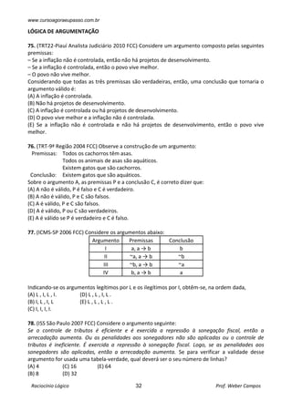 www.cursoagoraeupasso.com.br
Raciocínio Lógico 32 Prof. Weber Campos
LÓGICA DE ARGUMENTAÇÃO
75. (TRT22-Piauí Analista Judiciário 2010 FCC) Considere um argumento composto pelas seguintes
premissas:
– Se a inflação não é controlada, então não há projetos de desenvolvimento.
– Se a inflação é controlada, então o povo vive melhor.
– O povo não vive melhor.
Considerando que todas as três premissas são verdadeiras, então, uma conclusão que tornaria o
argumento válido é:
(A) A inflação é controlada.
(B) Não há projetos de desenvolvimento.
(C) A inflação é controlada ou há projetos de desenvolvimento.
(D) O povo vive melhor e a inflação não é controlada.
(E) Se a inflação não é controlada e não há projetos de desenvolvimento, então o povo vive
melhor.
76. (TRT-9ª Região 2004 FCC) Observe a construção de um argumento:
Premissas: Todos os cachorros têm asas.
Todos os animais de asas são aquáticos.
Existem gatos que são cachorros.
Conclusão: Existem gatos que são aquáticos.
Sobre o argumento A, as premissas P e a conclusão C, é correto dizer que:
(A) A não é válido, P é falso e C é verdadeiro.
(B) A não é válido, P e C são falsos.
(C) A é válido, P e C são falsos.
(D) A é válido, P ou C são verdadeiros.
(E) A é válido se P é verdadeiro e C é falso.
77. (ICMS-SP 2006 FCC) Considere os argumentos abaixo:
Argumento Premissas Conclusão
I a, a → b b
II ~a, a → b ~b
III ~b, a → b ~a
IV b, a → b a
Indicando-se os argumentos legítimos por L e os ilegítimos por I, obtêm-se, na ordem dada,
(A) L , I, L , I. (D) L , L , I, L .
(B) I, L , I, L (E) L , L , L , L .
(C) I, I, I, I.
78. (ISS São Paulo 2007 FCC) Considere o argumento seguinte:
Se o controle de tributos é eficiente e é exercida a repressão à sonegação fiscal, então a
arrecadação aumenta. Ou as penalidades aos sonegadores não são aplicadas ou o controle de
tributos é ineficiente. É exercida a repressão à sonegação fiscal. Logo, se as penalidades aos
sonegadores são aplicadas, então a arrecadação aumenta. Se para verificar a validade desse
argumento for usada uma tabela-verdade, qual deverá ser o seu número de linhas?
(A) 4 (C) 16 (E) 64
(B) 8 (D) 32
 