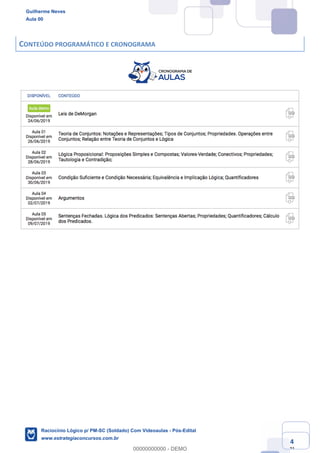 Prof. Guilherme Neves
Aula 01
Raciocínio Lógico para AL-BA
www.estrategiaconcursos.com.br
4
71
CONTEÚDO PROGRAMÁTICO E CRONOGRAMA
Guilherme Neves
Aula 00
Raciocínio Lógico p/ PM-SC (Soldado) Com Videoaulas - Pós-Edital
www.estrategiaconcursos.com.br
0
00000000000 - DEMO
 