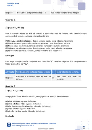 Prof. Guilherme Neves
Aula 01
Raciocínio Lógico para AL-BA
www.estrategiaconcursos.com.br
49
71
Negação Não vamos comprar macarrão e não vamos comprar arroz integral.
Gabarito: D
32.(FCC 2015/TCE-CE)
Vou à academia todos os dias da semana e corro três dias na semana. Uma afirmação que
corresponde à negação lógica da afirmação anterior é
(A) Não vou à academia todos os dias da semana ou não corro três dias na semana.
(B) Vou à academia quase todos os dias da semana e corro dois dias na semana.
(C) Nunca vou à academia durante a semana e nunca corro durante a semana.
(D) Não vou à academia todos os dias da semana e não corro três dias na semana.
(E) Se vou todos os dias à academia, então corro três dias na semana.
Resolução
Para negar uma proposição composta pelo conectivo “e”, devemos negar os dois componentes e
trocar o conectivo por “ou”.
Afirmação Vou à academia todos os dias da semana e corro três dias na semana.
Negação
Não vou à academia todos os dias da
semana
ou
não corro três dias na
semana.
Gabarito: A
33.(FCC 2014/AL-PE)
A negação da frase “Ele não é artista, nem jogador de futebol” é equivalente a
(A) ele é artista ou jogador de futebol.
(B) ele é artista ou não é jogador de futebol.
(C) não é certo que ele seja artista e jogador de futebol.
(D) ele é artista e jogador de futebol.
(E) ele não é artista ou não é jogador de futebol.
Resolução
Guilherme Neves
Aula 00
Raciocínio Lógico p/ PM-SC (Soldado) Com Videoaulas - Pós-Edital
www.estrategiaconcursos.com.br
0
00000000000 - DEMO
 
