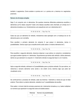 também n segmentos. Como existem m pontos em r e n pontos em s, teremos m.n segmentos
possíveis.


Número de Arranjos simples


Seja C um conjunto com m elementos. De quantas maneiras diferentes poderemos escolher p
elementos (p<m) deste conjunto? Cada uma dessas escolhas será chamada um arranjo de m
elementos tomados p a p. Construiremos uma sequência com os m elementos de C.


                                 c1, c2, c3, c4, c5, ..., cm-2, cm-1, cm


Cada vez que um elemento for retirado, indicaremos esta operação com a mudança da cor do
elemento para a cor vermelha.


Para escolher o primeiro elemento do conjunto C que possui m elementos, temos m
possibilidades. Vamos supor que a escolha tenha caído sobre o m-ésimo elemento de C.


                                 c1, c2, c3, c4, c5, ..., cm-2, cm-1, cm


Para escolher o segundo elemento, devemos observar o que sobrou no conjunto e constatamos
que agora existem apenas m-1 elementos. Suponhamos que tenha sido retirado o último elemento
dentre os que sobraram no conjunto C. O elemento retirado na segunda fase é o (m-1)-ésimo.


                                 c1, c2, c3, c4, c5, ..., cm-2, cm-1, cm


Após a segunda retirada, sobraram m-2 possibilidades para a próxima retirada. Do que sobrou, se
retirarmos o terceiro elemento como sendo o de ordem (m-2), teremos algo que pode ser
visualizado como:


                                 c1, c2, c3, c4, c5, ..., cm-2, cm-1, cm


Se continuarmos o processo de retirada, cada vez teremos 1 elemento a menos do que na fase
anterior. Para retirar o p-ésimo elemento, restarão m-p+1 possibilidades de escolha.

Para saber o número total de arranjos possíveis de m elementos tomados p a p, basta multiplicar
os números que aparecem na segunda coluna da tabela abaixo:


                                Retirada     Número de possibilidades
                                   1                        m
 