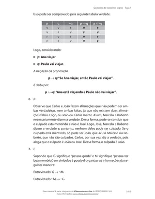 Questões de raciocínio lógico – Aula 1
19
	 Isso pode ser comprovado pela seguinte tabela verdade:
p q ~q p → q p ∧ ~q
V V F V F
V F V F V
F V F V F
F F V V F
	 Logo, considerando:
p: Ana viajar .
q: Paulo vai viajar .
	 A negação da proposição
	 p → q:“Se Ana viajar, então Paulo vai viajar”.
	 é dada por:
	 p ∧ ~q:“Ana está viajando e Paulo não vai viajar”.
6.	 B
	 Observe que Carlos e João fazem afirmações que não podem ser am-
bas verdadeiras, nem ambas falsas, já que não existem duas afirma-
ções falsas. Logo, ou João ou Carlos mente. Assim, Marcelo e Roberto
necessariamente dizem a verdade. Dessa forma, pode-se concluir que
o culpado está mentindo e não é José. Logo, José, Marcelo e Roberto
dizem a verdade e, portanto, nenhum deles pode ser culpado. Se o
culpado está mentindo, só pode ser João, que acusa Marcelo ou Ro-
berto, que não são culpados. Carlos, por sua vez, diz a verdade, pois
alega que o culpado é João ou José. Dessa forma, o culpado é João.
7.	 E
	 Supondo que G signifique “pessoa gorda” e M signifique “pessoa ter
boa memória”, em símbolos é possível organizar as informações da se-
guinte maneira:
	 Entrevistado: G → ¬M.
	 Entrevistador: M → ¬G.
Esse material é parte integrante do Videoaulas on-line do IESDE BRASIL S/A,
mais informações www.videoaulasonline.com.br
 