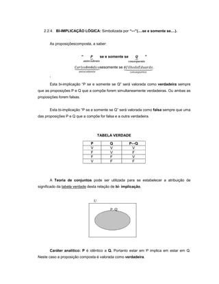 2.2.4. BI-IMPLICAÇÃO LÓGICA: Simbolizada por “ ”(....se e somente se....).
As proposiçõescomposta, a saber:
“ se e somente se ”
é é sesomente se é .
‘
Esta bi-implicação “P se e somente se Q” será valorada como verdadeira sempre
que as proposições P e Q que a compõe forem simultaneamente verdadeiras. Ou ambas as
proposições forem falsas.
Esta bi-implicação “P se e somente se Q” será valorada como falsa sempre que uma
das proposições P e Q que a compõe for falsa e a outra verdadeira.
TABELA VERDADE
A Teoria de conjuntos pode ser utilizada para se estabelecer a atribuição de
significado da tabela verdade desta relação de bi- implicação.
Caráter analítico: P é idêntico a Q. Portanto estar em P implica em estar em Q.
Neste caso a proposição composta é valorada como verdadeira.
P Q P Q
V V V
F V F
F F V
V F F
 