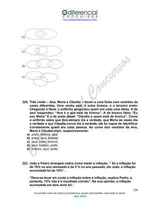 www.odiferencialconcursos.com.br
108
Eu acredito muito em sorte e já percebi que, quanto mais trabalho, mais sorte eu tenho.
Ano 2013
b)
c)
d)
e)
322. Três irmãs – Ana, Maria e Cláudia – foram a uma festa com vestidos de
cores diferentes. Uma vestia azul, a outra branco, e a terceira preto.
Chegando à festa, o anfitrião perguntou quem era cada uma delas. A de
azul respondeu: “Ana é a que está de branco”. A de branco falou “Eu
sou Maria” E a de preto disse: “Cláudia é quem está de branco”. Como
o anfitrião sabia que Ana sempre diz a verdade, que Maria às vezes dia
a verdade e que Cláudia nunca diz a verdade, ele foi capaz de identificar
corretamente quem era cada pessoa. As cores dos vestidos de Ana,
Maria e Cláudia eram, respectivamente:
a) preto, branco, azul
b) preto, azul, branco
c) azul, preto, branco
d) azul, branco, preto
e) branco, azul, preto
323. João e Pedro divergem sobre como medir a inflação. “ Se a inflação foi
de 10% no ano retrasado e de 5 % no ano passado, diz João, a inflação
acumulada foi de 15%”.
“Deve-se levar em conta a inflação sobre a inflação, explica Pedro, e,
portanto, 15% não é o resultado correto”. Na sua opinião, a inflação
acumulada em dois anos foi:
 