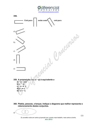 www.odiferencialconcursos.com.br
121
Eu acredito muito em sorte e já percebi que, quanto mais trabalho, mais sorte eu tenho.
Ano 2013
358.
Está para assim como está para
a)
b)
c)
d)
e)
359. A proposição (~q ~p) é equivalente a
a) ~(p q)
b) p ^ ~q
c) ~p q
d) p q
e) ~p v ~q
360. Platéia, pessoas, crianças. Indique o diagrama que melhor representa o
relacionamento destes conjuntos.
a)
 
