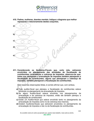 www.odiferencialconcursos.com.br
141
Eu acredito muito em sorte e já percebi que, quanto mais trabalho, mais sorte eu tenho.
Ano 2013
410. Padres, mulheres, doentes mentais. Indique o diagrama que melhor
representa o relacionamento destes conjuntos.
a)
b)
c)
d)
e)
411. Considerando os Auditores-Fiscais que, certo mês, estiveram
envolvidos no planejamento das atividades de fiscalização de
contribuintes, arrecadação e cobrança de impostos, observou-se que:
todos que planejaram a arrecadação de impostos também planejaram a
fiscalização de contribuintes; alguns que planejaram a cobrança de
impostos, também planejaram a fiscalização de contribuintes.
Com base nas observações feitas, é correto afirmar que, com certeza,
a) Todo auditor-fiscal que planejou a fiscalização de contribuintes esteve
envolvido no planejamento da arrecadação de impostos.
b) Se algum Auditor-fiscal esteve envolvido nos planejamentos da
arrecadação e da cobrança de impostos, então ele também planejou a
fiscalização de contribuintes.
c) Existe um Auditor-fiscal que esteve envolvido tanto no planejamento da
arrecadação de impostos como no da cobrança dos mesmos.
d) Existem Auditores-fiscais que estiveram envolvidos no planejamento da
arrecadação de impostos e não no da fiscalização de contribuintes.
 