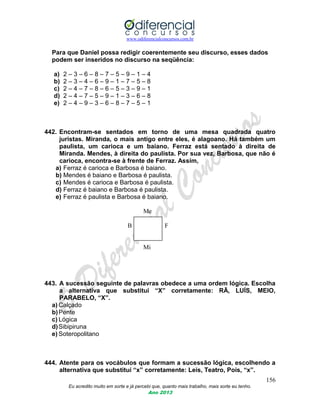 www.odiferencialconcursos.com.br
156
Eu acredito muito em sorte e já percebi que, quanto mais trabalho, mais sorte eu tenho.
Ano 2013
Para que Daniel possa redigir coerentemente seu discurso, esses dados
podem ser inseridos no discurso na seqüência:
a) 2 – 3 – 6 – 8 – 7 – 5 – 9 – 1 – 4
b) 2 – 3 – 4 – 6 – 9 – 1 – 7 – 5 – 8
c) 2 – 4 – 7 – 8 – 6 – 5 – 3 – 9 – 1
d) 2 – 4 – 7 – 5 – 9 – 1 – 3 – 6 – 8
e) 2 – 4 – 9 – 3 – 6 – 8 – 7 – 5 – 1
442. Encontram-se sentados em torno de uma mesa quadrada quatro
juristas. Miranda, o mais antigo entre eles, é alagoano. Há também um
paulista, um carioca e um baiano. Ferraz está sentado à direita de
Miranda. Mendes, à direita do paulista. Por sua vez, Barbosa, que não é
carioca, encontra-se à frente de Ferraz. Assim,
a) Ferraz é carioca e Barbosa é baiano.
b) Mendes é baiano e Barbosa é paulista.
c) Mendes é carioca e Barbosa é paulista.
d) Ferraz é baiano e Barbosa é paulista.
e) Ferraz é paulista e Barbosa é baiano.
Me
B F
Mi
443. A sucessão seguinte de palavras obedece a uma ordem lógica. Escolha
a alternativa que substitui “X” corretamente: RÃ, LUÍS, MEIO,
PARABELO, “X”.
a) Calçado
b)Pente
c) Lógica
d)Sibipiruna
e) Soteropolitano
444. Atente para os vocábulos que formam a sucessão lógica, escolhendo a
alternativa que substitui “x” corretamente: Leis, Teatro, Pois, “x”.
 