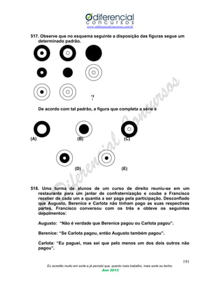 www.odiferencialconcursos.com.br
191
Eu acredito muito em sorte e já percebi que, quanto mais trabalho, mais sorte eu tenho.
Ano 2013
517. Observe que no esquema seguinte a disposição das figuras segue um
determinado padrão.
?
De acordo com tal padrão, a figura que completa a série é
(A) (B) (C)
(D) (E)
518. Uma turma de alunos de um curso de direito reuniu-se em um
restaurante para um jantar de confraternização e coube a Francisco
receber de cada um a quantia a ser paga pela participação. Desconfiado
que Augusto, Berenice e Carlota não tinham pago as suas respectivas
partes, Francisco conversou com os três e obteve os seguintes
depoimentos:
Augusto: “Não é verdade que Berenice pagou ou Carlota pagou”.
Berenice: “Se Carlota pagou, então Augusto também pagou”.
Carlota: “Eu paguei, mas sei que pelo menos um dos dois outros não
pagou”.
 