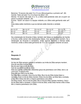 www.odiferencialconcursos.com.br
236
Eu acredito muito em sorte e já percebi que, quanto mais trabalho, mais sorte eu tenho.
Ano 2013
Berenice: “O escore não está 13 a 12, e a Ulbra já ganhou o primeiro set”. (B)
Camila: “Este set está 13 a 12 a favor da Ulbra”. (C)
Denise: “O escore não está 13 a 12, a Ulbra está perdendo este set, e quem vai
sacar é a equipe visitante”. (D)
Eunice: “Quem vai sacar é a equipe visitante, e a Ulbra está ganhando este set”.
(E)
duas delas estão mentindo e que as demais estão dizendo a verdade
se;
A = V / F B = V / F C = V / F D = V / F E = V / F
A = V B = F C = V D = F E = V
A = F B = V C = F D = V E = F
Se a declaração de Amanda é falsa, também são falsas as declarações de Camila
e Eunice, então seriam três declarações falsas, mas apenas duas mentem. Se a
declaração de Amanda é verdadeira, então apenas Berenice e Denise estão
mentindo, então a Ulbra está ganhando de 13 a 12 e a equipe visitante vai sacar.
25.
Resposta: D
Resolução:
As tias de Zilda sempre contam a verdade e as irmãs de Zilda sempre mentem.
Ana diz que Bia é tia de Zilda.
Bia diz que Cati é irmã de Zilda.
Cati diz que Dida é irmã de Zilda.
Dida diz que Bia e Elisa têm diferentes graus de parentesco com Zilda, isto é, se
uma é tia, a outra é irmã.
Elisa diz que Ana é tia de Zilda
Se Elisa fala a verdade, Ana é tia de Zilda, Bia é tia de Zilda (todas falam a
verdade), Cati é irmã de Zilda (mente), Dida é tia de Zilda; se Dida fala a verdade,
então Bia e Elisa não têm o mesmo parentesco com Zilda.
Se Elisa mente, Ana é irmã de Zilda, Bia é irmã de Zilda (ambas mentem), Cati é
tia de Zilda (fala a verdade), e Dida é irmã de Zilda, então Dida mente e Bia e Elisa
têm o mesmo parentesco com Zilda.
 