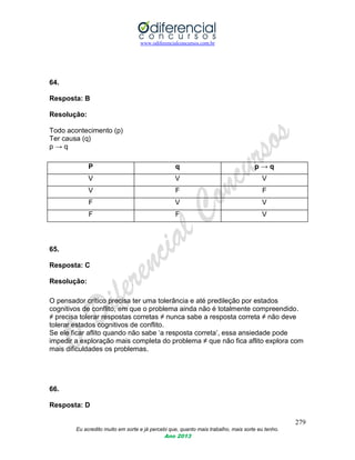 www.odiferencialconcursos.com.br
279
Eu acredito muito em sorte e já percebi que, quanto mais trabalho, mais sorte eu tenho.
Ano 2013
64.
Resposta: B
Resolução:
Todo acontecimento (p)
Ter causa (q)
p → q
P q p → q
V V V
V F F
F V V
F F V
65.
Resposta: C
Resolução:
O pensador crítico precisa ter uma tolerância e até predileção por estados
cognitivos de conflito, em que o problema ainda não é totalmente compreendido.
≠ precisa tolerar respostas corretas ≠ nunca sabe a resposta correta ≠ não deve
tolerar estados cognitivos de conflito.
Se ele ficar aflito quando não sabe „a resposta correta‟, essa ansiedade pode
impedir a exploração mais completa do problema ≠ que não fica aflito explora com
mais dificuldades os problemas.
66.
Resposta: D
 
