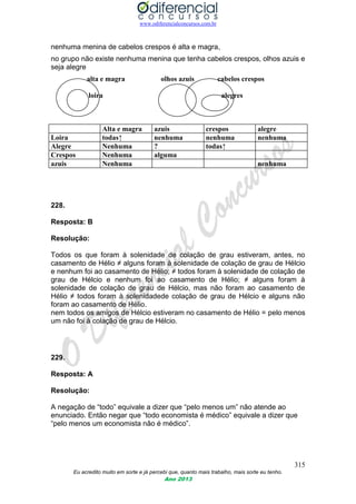 www.odiferencialconcursos.com.br
315
Eu acredito muito em sorte e já percebi que, quanto mais trabalho, mais sorte eu tenho.
Ano 2013
nenhuma menina de cabelos crespos é alta e magra,
no grupo não existe nenhuma menina que tenha cabelos crespos, olhos azuis e
seja alegre
alta e magra olhos azuis cabelos crespos
loira alegres
Alta e magra azuis crespos alegre
Loira todas↑ nenhuma nenhuma nenhuma
Alegre Nenhuma ? todas↑
Crespos Nenhuma alguma
azuis Nenhuma nenhuma
228.
Resposta: B
Resolução:
Todos os que foram à solenidade de colação de grau estiveram, antes, no
casamento de Hélio ≠ alguns foram à solenidade de colação de grau de Hélcio
e nenhum foi ao casamento de Hélio; ≠ todos foram à solenidade de colação de
grau de Hélcio e nenhum foi ao casamento de Hélio; ≠ alguns foram à
solenidade de colação de grau de Hélcio, mas não foram ao casamento de
Hélio ≠ todos foram à solenidadede colação de grau de Hélcio e alguns não
foram ao casamento de Hélio.
nem todos os amigos de Hélcio estiveram no casamento de Hélio = pelo menos
um não foi à colação de grau de Hélcio.
229.
Resposta: A
Resolução:
A negação de “todo” equivale a dizer que “pelo menos um” não atende ao
enunciado. Então negar que “todo economista é médico” equivale a dizer que
“pelo menos um economista não é médico”.
 
