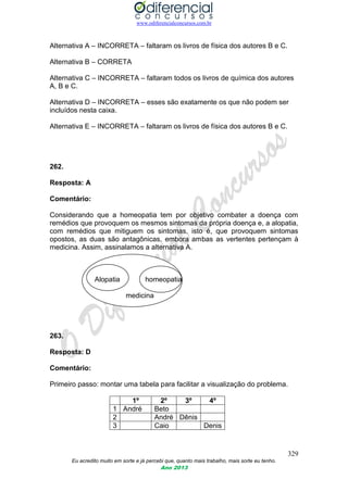www.odiferencialconcursos.com.br
329
Eu acredito muito em sorte e já percebi que, quanto mais trabalho, mais sorte eu tenho.
Ano 2013
Alternativa A – INCORRETA – faltaram os livros de física dos autores B e C.
Alternativa B – CORRETA
Alternativa C – INCORRETA – faltaram todos os livros de química dos autores
A, B e C.
Alternativa D – INCORRETA – esses são exatamente os que não podem ser
incluídos nesta caixa.
Alternativa E – INCORRETA – faltaram os livros de física dos autores B e C.
262.
Resposta: A
Comentário:
Considerando que a homeopatia tem por objetivo combater a doença com
remédios que provoquem os mesmos sintomas da própria doença e, a alopatia,
com remédios que mitiguem os sintomas, isto é, que provoquem sintomas
opostos, as duas são antagônicas, embora ambas as vertentes pertençam à
medicina. Assim, assinalamos a alternativa A.
Alopatia homeopatia
medicina
263.
Resposta: D
Comentário:
Primeiro passo: montar uma tabela para facilitar a visualização do problema.
1º 2º 3º 4º
1 André Beto
2 André Dênis
3 Caio Denis
 