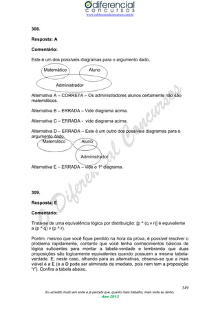 www.odiferencialconcursos.com.br
349
Eu acredito muito em sorte e já percebi que, quanto mais trabalho, mais sorte eu tenho.
Ano 2013
308.
Resposta: A
Comentário:
Este é um dos possíveis diagramas para o argumento dado.
Matemático Aluno
Administrador
Alternativa A – CORRETA – Os administradores alunos certamente não são
matemáticos.
Alternativa B – ERRADA – Vide diagrama acima.
Alternativa C – ERRADA - vide diagrama acima.
Alternativa D – ERRADA – Este é um outro dos possíveis diagramas para o
argumento dado.
Matemático Aluno
Administrador
Alternativa E – ERRADA – vide o 1º diagrama.
309.
Resposta: E
Comentário:
Trata-se de uma equivalência lógica por distribuição: [p ^ (q v r)] é equivalente
a (p ^ q) v (p ^ r).
Porém, mesmo que você fique perdido na hora da prova, é possível resolver o
problema rapidamente, contanto que você tenha conhecimentos básicos de
lógica suficientes para montar a tabela-verdade e lembrando que duas
proposições são logicamente equivalentes quando possuem a mesma tabela-
verdade. E, neste caso, olhando para as alternativas, observa-se que a mais
viável é a E (e a D pode ser eliminada de imediato, pois nem tem a proposição
“r”). Confira a tabela abaixo.
 
