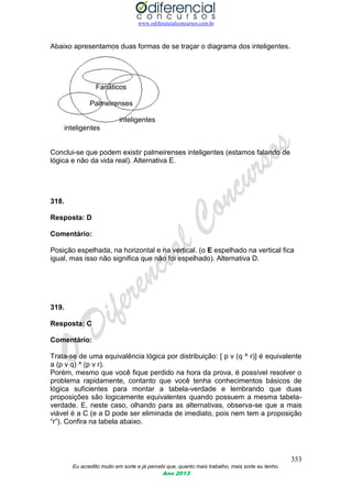 www.odiferencialconcursos.com.br
353
Eu acredito muito em sorte e já percebi que, quanto mais trabalho, mais sorte eu tenho.
Ano 2013
Abaixo apresentamos duas formas de se traçar o diagrama dos inteligentes.
Fanáticos
Palmeirenses
inteligentes
inteligentes
Conclui-se que podem existir palmeirenses inteligentes (estamos falando de
lógica e não da vida real). Alternativa E.
318.
Resposta: D
Comentário:
Posição espelhada, na horizontal e na vertical. (o E espelhado na vertical fica
igual, mas isso não significa que não foi espelhado). Alternativa D.
319.
Resposta: C
Comentário:
Trata-se de uma equivalência lógica por distribuição: [ p v (q ^ r)] é equivalente
a (p v q) ^ (p v r).
Porém, mesmo que você fique perdido na hora da prova, é possível resolver o
problema rapidamente, contanto que você tenha conhecimentos básicos de
lógica suficientes para montar a tabela-verdade e lembrando que duas
proposições são logicamente equivalentes quando possuem a mesma tabela-
verdade. E, neste caso, olhando para as alternativas, observa-se que a mais
viável é a C (e a D pode ser eliminada de imediato, pois nem tem a proposição
“r”). Confira na tabela abaixo.
 