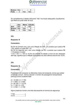 www.odiferencialconcursos.com.br
356
Eu acredito muito em sorte e já percebi que, quanto mais trabalho, mais sorte eu tenho.
Ano 2013
Se completarmos a tabela colocando “não” nos locais adequados visualizamos
que Maria só pode estar de azul.
323.
Resposta: B
Comentário:
No fim do primeiro ano, com uma inflação de 10%, um produto que custava R$
1,00, passou a custar R$ 1,10.
No fim do segundo ano, com uma inflação de 5%, o produto que custava R$
1,10 passou a custar:
1,10 x 1,05 = 1, 155 ou 15,5% seu amento foi desde o início do ano retrasado
até hoje, significa que a inflação acumulada nos dois últimos anos foi de 15,5%.
324.
Resposta: B
Comentário:
Para podermos comparar os diferentes meios de transporte, temos que adotar
uma base comum. Vamos calcular o número de passageiros transportados
para um (único) acidente fatal:
X = 15 500 / 2 = 7 750
Y = 7 800 / 3 = 2 600
Z = 28 100 / 7 = 4 015
U = 1 100 / 4 = 275
V = 3 700 / 1 = 3 700
Agora podemos montar uma lista decrescente em termos de segurança:
7 750 ...................... x
4 015 ...................... z
Branco Não X
Preto X Não Não
Ana Maria Cláudia
Azul Não X Não
Branco Não Não X
Preto X Não Não
 