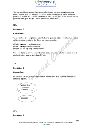 www.odiferencialconcursos.com.br
358
Eu acredito muito em sorte e já percebi que, quanto mais trabalho, mais sorte eu tenho.
Ano 2013
Vamos considerar que as ilustrações são flechas com pontas viradas para
dentro e para fora. No modelo, ponta de flecha para dentro, ponta de flecha
para fora, giro de 45º. Temos meia flecha para dentro, procuramos meia flecha
para fora com giro de 45º - o que nos leva à alternativa D.
329.
Resposta: E
Comentário:
Todas as três proposições apresentadas na questão são equivalências lógicas
notáveis, assunto básico da lógica de argumentação.
( V ) I – p ~~p (dupla negação)
( V ) II - p p ^ (idempotência)
( V ) III - ~p ~p v ~p (idempotência)
Caso, na hora da prova, dê um branco, basta montar a tabela-verdade (que é
muito simples, pois só tem duas linhas).
330.
Resposta: D
Comentário:
As panelas pertencem ao conjunto dos recipientes, mas comidas formam um
conjunto a parte.
Recipientes
Panelas
Comidas
331.
Resposta: D
 
