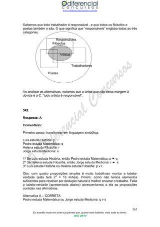 www.odiferencialconcursos.com.br
363
Eu acredito muito em sorte e já percebi que, quanto mais trabalho, mais sorte eu tenho.
Ano 2013
Sabemos que todo trabalhador é responsável , e que todos os filósofos e
poetas também o são. O que significa que “responsáveis” engloba todas as três
categorias.
Responsáveis
Filósofos
Artistas
Trabalhadores
Poetas
Ao analisar as alternativas, notamos que a única que não deixa margem à
dúvida é a C: “todo artista é responsável”.
342.
Resposta: A
Comentário:
Primeiro passo: transformar em linguagem simbólica.
Luís estuda História: p
Pedro estuda Matemática: q
Helena estuda Filosofia: r
Jorge estuda Medicina: s
1º Se Luís estuda História, então Pedro estuda Matemática: p q
2º Se Helena estuda Filosofia, então Jorge estuda Medicina: r s
3º Luís estuda História ou Helena estuda Filosofia: p v r
Obs: com quatro proposições simples é muito trabalhoso montar a tabela-
verdade (esta terá 24
= 16 linhas). Porém, como não temos elementos
suficientes para resolver por dedução natural é melhor encarar o trabalho. Feita
a tabela-verdade (apresentada abaixo) acrescentamos a ela as proposições
contidas nas afirmativas.
Alternativa A – CORRETA
Pedro estuda Matemática ou Jorge estuda Medicina: q v s
 