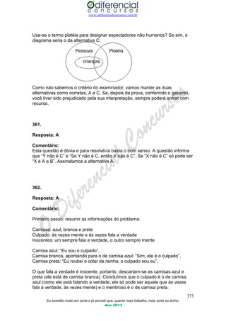 www.odiferencialconcursos.com.br
373
Eu acredito muito em sorte e já percebi que, quanto mais trabalho, mais sorte eu tenho.
Ano 2013
Usa-se o termo platéia para designar espectadores não humanos? Se sim, o
diagrama seria o da alternativa C.
Pessoas Platéia
crianças
Como não sabemos o critério do examinador, vamos manter as duas
alternativas como corretas, A e C. Se, depois da prova, conferindo o gabarito,
você tiver sido prejudicado pela sua interpretação, sempre poderá entrar com
recurso.
361.
Resposta: A
Comentário:
Esta questão é óbvia e para resolvê-la basta o bom senso. A questão informa
que “Y não é C” e “Se Y não é C, então X não é C”. Se “X não é C” só pode ser
“X é A e B”. Assinalamos a alternativa A.
362.
Resposta: A
Comentário:
Primeiro passo: resumir as informações do problema:
Camisas: azul, branca e preta
Culpado: às vezes mente e às vezes fala a verdade
Inocentes: um sempre fala a verdade, o outro sempre mente
Camisa azul: “Eu sou o culpado”.
Camisa branca, apontando para o de camisa azul: “Sim, ele é o culpado”.
Camisa preta: “Eu roubei o colar da rainha; o culpado sou eu”.
O que fala a verdade é inocente, portanto, descartam-se as camisas azul e
preta (ele está de camisa branca). Concluímos que o culpado é o de camisa
azul (como ele está falando a verdade, ele só pode ser aquele que às vezes
fala a verdade, às vezes mente) e o mentiroso é o de camisa preta.
 