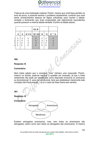 www.odiferencialconcursos.com.br
380
Eu acredito muito em sorte e já percebi que, quanto mais trabalho, mais sorte eu tenho.
Ano 2013
Trata-se de uma implicação material. Porém, mesmo que você fique perdido na
hora da prova, é possível resolver o problema rapidamente, contanto que você
tenha conhecimentos básicos de lógica suficientes para montar a tabela-
verdade e lembrando que duas proposições são logicamente equivalentes
quando possuem a mesma tabela-verdade. Confira na tabela abaixo.
Alt. B
p q p q ~(p q) ~p ~q p ^ ~q
1 V V V F F F F
2 V F F V F V V
3 F V V F V F F
4 F F V F V V F
380.
Resposta: B
Comentário:
Nem todos sabem que o conectivo “mas” introduz uma conjunção. Porém,
mesmo na dúvida, pode-se resolver a questão por exclusão, já que a frase
certamente não pode ser classificada como disjunção (inclusiva ou exclusiva)
ou bicondicional. E, para ser condicional, teria que estabelecer claramente esta
condição (Se Paula estuda ... (e aí o resto da frase ficaria sem sentido.
381.
Resposta: B
Comentário:
Advogados Americanos
Mecânicos
Existem advogados americanos, mas, nem todos os americanos são
advogados, assim como nem todos os advogados são americanos. O mesmo
 