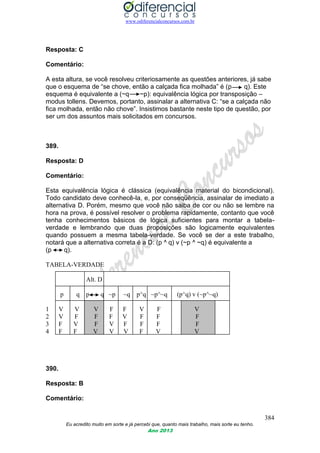 www.odiferencialconcursos.com.br
384
Eu acredito muito em sorte e já percebi que, quanto mais trabalho, mais sorte eu tenho.
Ano 2013
Resposta: C
Comentário:
A esta altura, se você resolveu criteriosamente as questões anteriores, já sabe
que o esquema de “se chove, então a calçada fica molhada” é (p q). Este
esquema é equivalente a (~q ~p): equivalência lógica por transposição –
modus tollens. Devemos, portanto, assinalar a alternativa C: “se a calçada não
fica molhada, então não chove”. Insistimos bastante neste tipo de questão, por
ser um dos assuntos mais solicitados em concursos.
389.
Resposta: D
Comentário:
Esta equivalência lógica é clássica (equivalência material do bicondicional).
Todo candidato deve conhecê-la, e, por conseqüência, assinalar de imediato a
alternativa D. Porém, mesmo que você não saiba de cor ou não se lembre na
hora na prova, é possível resolver o problema rapidamente, contanto que você
tenha conhecimentos básicos de lógica suficientes para montar a tabela-
verdade e lembrando que duas proposições são logicamente equivalentes
quando possuem a mesma tabela-verdade. Se você se der a este trabalho,
notará que a alternativa correta é a D: (p ^ q) v (~p ^ ~q) é equivalente a
(p q).
TABELA-VERDADE
Alt. D
p q p q ~p ~q p^q ~p^~q (p^q) v (~p^~q)
1 V V V F F V F V
2 V F F F V F F F
3 F V F V F F F F
4 F F V V V F V V
390.
Resposta: B
Comentário:
 
