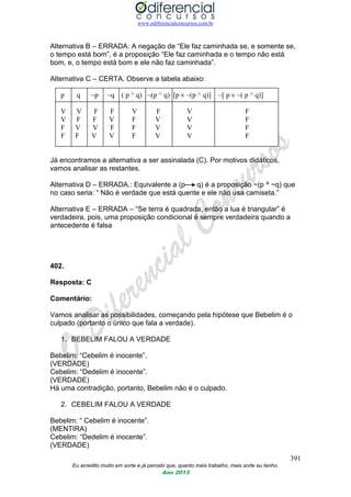 www.odiferencialconcursos.com.br
391
Eu acredito muito em sorte e já percebi que, quanto mais trabalho, mais sorte eu tenho.
Ano 2013
Alternativa B – ERRADA: A negação de “Ele faz caminhada se, e somente se,
o tempo está bom”, é a proposição “Ele faz caminhada e o tempo não está
bom, e, o tempo está bom e ele não faz caminhada”.
Alternativa C – CERTA. Observe a tabela abaixo:
p q ~p ~q ( p ^ q) ~(p ^ q) [p v ~(p ^ q)] ~[ p v ~( p ^ q)]
V V F F V F V F
V F F V F V V F
F V V F F V V F
F F V V F V V F
Já encontramos a alternativa a ser assinalada (C). Por motivos didáticos,
vamos analisar as restantes.
Alternativa D – ERRADA.: Equivalente a (p q) é a proposição ~(p ^ ~q) que
no caso seria: “ Não é verdade que está quente e ele não usa camiseta.”
Alternativa E – ERRADA – “Se terra é quadrada, então a lua é triangular” é
verdadeira, pois, uma proposição condicional é sempre verdadeira quando a
antecedente é falsa
402.
Resposta: C
Comentário:
Vamos analisar as possibilidades, começando pela hipótese que Bebelim é o
culpado (portanto o único que fala a verdade).
1. BEBELIM FALOU A VERDADE
Bebelim: “Cebelim é inocente”.
(VERDADE)
Cebelim: “Dedelim é inocente”.
(VERDADE)
Há uma contradição, portanto, Bebelim não é o culpado.
2. CEBELIM FALOU A VERDADE
Bebelim: “ Cebelim é inocente”.
(MENTIRA)
Cebelim: “Dedelim é inocente”.
(VERDADE)
 