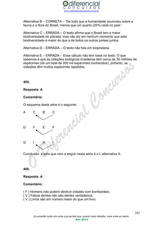 www.odiferencialconcursos.com.br
393
Eu acredito muito em sorte e já percebi que, quanto mais trabalho, mais sorte eu tenho.
Ano 2013
Alternativa B – CORRETA – “De tudo que a humanidade acumulou sobre a
fauna e a flora do Brasil, menos que um quarto (25%) está no país.”
Alternativa C – ERRADA – O texto afirma que o Brasil tem a maior
biodiversidade do planeta, mas não diz em nenhum momento que esta
biodiversidade é maior do que a de todos os outros países juntos.
Alternativa D – ERRADA – O texto não fala em biopirataria.
Alternativa E – ERRADA - Esse cálculo não tem base no texto. O que
sabemos é que as coleções biológicas brasileiras têm cerca de 30 milhões de
espécimes (de um total de 200 mil espécimes conhecidos), portanto, as
coleções têm muitos espécimes repetidos.
405.
Resposta: A
Comentário:
O esquema desta série é o seguinte:
A C B C
D F E F
G I H I
Conclusão: a letra que vem a seguir nesta série é o I, alternativa A.
406.
Resposta: A
Comentário:
( F ) Homens não podem destruir cidades com bombardeio.
( V ) Falsos dentes não são dentes verdadeiros.
( V ) Livros são em número maior do que um livro.
 
