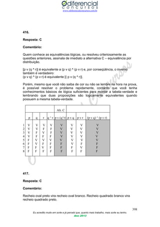 www.odiferencialconcursos.com.br
398
Eu acredito muito em sorte e já percebi que, quanto mais trabalho, mais sorte eu tenho.
Ano 2013
416.
Resposta: C
Comentário:
Quem conhece as equivalências lógicas, ou resolveu criteriosamente as
questões anteriores, assinala de imediato a alternativa C – equivalência por
distribuição.
[p v (q ^ r)] é equivalente a (p v q) ^ (p v r) e, por conseqüência, o inverso
também é verdadeiro:
(p v q) ^ (p v r) é equivalente [( p v (q ^ r)].
Porém, mesmo que você não saiba de cor ou não se lembre na hora na prova,
é possível resolver o problema rapidamente, contanto que você tenha
conhecimentos básicos de lógica suficientes para montar a tabela-verdade e
lembrando que duas proposições são logicamente equivalentes quando
possuem a mesma tabela-verdade.
Alt. C
p q r q ^ r p v (q^r) p v q p v r (p v q) ^ (p v r)
1 V V V V V V V V
2 V V F F V V V V
3 V F V F V V V V
4 V F F F V V V V
5 F V V V V V V V
6 F V F F F V F F
7 F F V F F F V F
8 F F F F F F F F
417.
Resposta: C
Comentário:
Recheio oval preto vira recheio oval branco. Recheio quadrado branco vira
recheio quadrado preto.
 