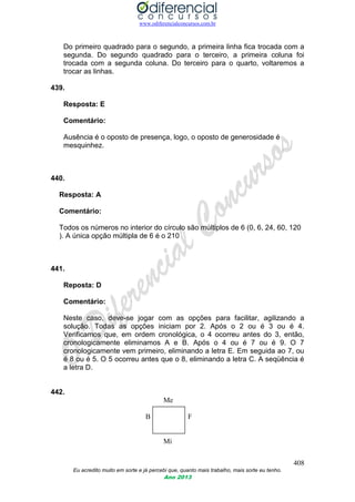 www.odiferencialconcursos.com.br
408
Eu acredito muito em sorte e já percebi que, quanto mais trabalho, mais sorte eu tenho.
Ano 2013
Do primeiro quadrado para o segundo, a primeira linha fica trocada com a
segunda. Do segundo quadrado para o terceiro, a primeira coluna foi
trocada com a segunda coluna. Do terceiro para o quarto, voltaremos a
trocar as linhas.
439.
Resposta: E
Comentário:
Ausência é o oposto de presença, logo, o oposto de generosidade é
mesquinhez.
440.
Resposta: A
Comentário:
Todos os números no interior do círculo são múltiplos de 6 (0, 6, 24, 60, 120
). A única opção múltipla de 6 é o 210
441.
Reposta: D
Comentário:
Neste caso, deve-se jogar com as opções para facilitar, agilizando a
solução. Todas as opções iniciam por 2. Após o 2 ou é 3 ou é 4.
Verificamos que, em ordem cronológica, o 4 ocorreu antes do 3, então,
cronologicamente eliminamos A e B. Após o 4 ou é 7 ou é 9. O 7
cronologicamente vem primeiro, eliminando a letra E. Em seguida ao 7, ou
é 8 ou é 5. O 5 ocorreu antes que o 8, eliminando a letra C. A seqüência é
a letra D.
442.
Me
B F
Mi
 