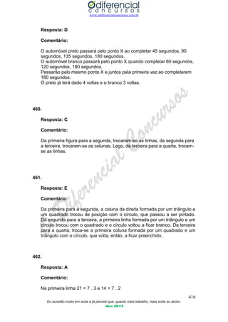 www.odiferencialconcursos.com.br
416
Eu acredito muito em sorte e já percebi que, quanto mais trabalho, mais sorte eu tenho.
Ano 2013
Resposta: D
Comentário:
O automóvel preto passará pelo ponto X ao completar 45 segundos, 90
segundos, 135 segundos, 180 segundos.
O automóvel branco passará pelo ponto X quando completar 60 segundos,
120 segundos, 180 segundos.
Passarão pelo mesmo ponto X e juntos pela primeira vez ao completarem
180 segundos.
O preto já terá dado 4 voltas e o branco 3 voltas.
460.
Resposta: C
Comentário:
Da primeira figura para a segunda, trocaram-se as linhas, da segunda para
a terceira, trocaram-se as colunas. Logo, da terceira para a quarta, trocam-
se as linhas.
461.
Resposta: E
Comentário:
Da primeira para a segunda, a coluna da direita formada por um triângulo e
um quadrado trocou de posição com o círculo, que passou a ser pintado.
Da segunda para a terceira, a primeira linha formada por um triângulo e um
círculo trocou com o quadrado e o círculo voltou a ficar branco. Da terceira
para a quarta, troca-se a primeira coluna formada por um quadrado e um
triângulo com o círculo, que volta, então, a ficar preenchido.
462.
Resposta: A
Comentário:
Na primeira linha 21 = 7 . 3 e 14 = 7 . 2
 