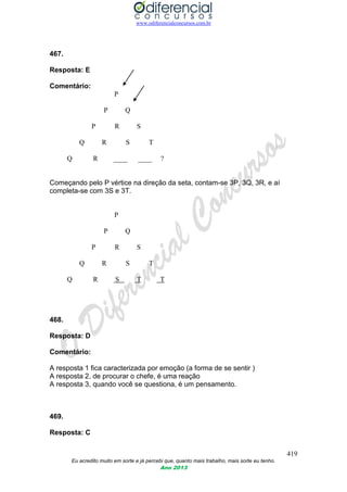 www.odiferencialconcursos.com.br
419
Eu acredito muito em sorte e já percebi que, quanto mais trabalho, mais sorte eu tenho.
Ano 2013
467.
Resposta: E
Comentário:
P
P Q
P R S
Q R S T
Q R ____ ____ ?
Começando pelo P vértice na direção da seta, contam-se 3P, 3Q, 3R, e aí
completa-se com 3S e 3T.
P
P Q
P R S
Q R S T
Q R S T T
468.
Resposta: D
Comentário:
A resposta 1 fica caracterizada por emoção (a forma de se sentir )
A resposta 2, de procurar o chefe, é uma reação
A resposta 3, quando você se questiona, é um pensamento.
469.
Resposta: C
 