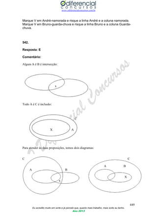 www.odiferencialconcursos.com.br
449
Eu acredito muito em sorte e já percebi que, quanto mais trabalho, mais sorte eu tenho.
Ano 2013
Marque V em André-namorada e risque a linha André e a coluna namorada.
Marque V em Bruno-guarda-chuva e risque a linha Bruno e a coluna Guarda-
chuva.
542.
Resposta: E
Comentário:
Algum A é B é intersecção:
x
Todo A é C é inclusão:
C
X A
Para atender às duas proposições, temos dois diagramas:
C C
A B
A B
X
x
 