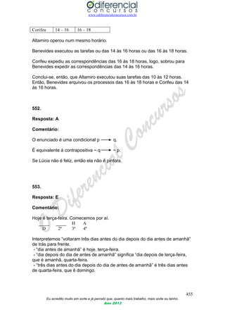 www.odiferencialconcursos.com.br
455
Eu acredito muito em sorte e já percebi que, quanto mais trabalho, mais sorte eu tenho.
Ano 2013
Corifeu 14 – 16 16 – 18
Altamiro operou num mesmo horário.
Benevides executou as tarefas ou das 14 às 16 horas ou das 16 às 18 horas.
Corifeu expediu as correspondências das 16 às 18 horas, logo, sobrou para
Benevides expedir as correspondências das 14 às 16 horas.
Conclui-se, então, que Altamiro executou suas tarefas das 10 às 12 horas.
Então, Benevides arquivou os processos das 16 às 18 horas e Corifeu das 14
ás 16 horas.
552.
Resposta: A
Comentário:
O enunciado é uma condicional p q.
É equivalente à contrapositiva ~ q ~ p.
Se Lúcia não é feliz, então ela não é pintora.
553.
Resposta: E
Comentário:
Hoje é terça-feira. Comecemos por aí.
H A
D 2ª 3ª 4ª
Interpretemos “voltaram três dias antes do dia depois do dia antes de amanhã”
de trás para frente.
- “dia antes de amanhã” é hoje, terça-feira.
- “dia depois do dia de antes de amanhã” significa “dia depois de terça-feira,
que é amanhã, quarta-feira.
- “três dias antes do dia depois do dia de antes de amanhã” é três dias antes
de quarta-feira, que é domingo.
 