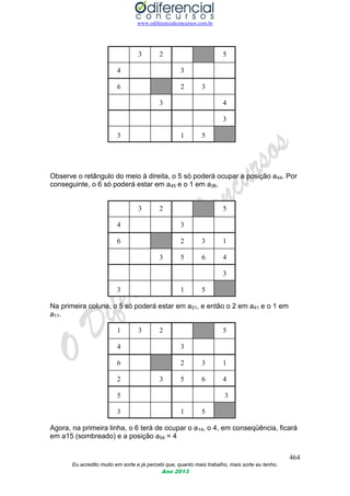 www.odiferencialconcursos.com.br
464
Eu acredito muito em sorte e já percebi que, quanto mais trabalho, mais sorte eu tenho.
Ano 2013
3 2 5
4 3
6 2 3
3 4
3
3 1 5
Observe o retângulo do meio à direita, o 5 só poderá ocupar a posição a44. Por
conseguinte, o 6 só poderá estar em a45 e o 1 em a36.
3 2 5
4 3
6 2 3 1
3 5 6 4
3
3 1 5
Na primeira coluna, o 5 só poderá estar em a51, e então o 2 em a41 e o 1 em
a11.
1 3 2 5
4 3
6 2 3 1
2 3 5 6 4
5 3
3 1 5
Agora, na primeira linha, o 6 terá de ocupar o a14, o 4, em conseqüência, ficará
em a15 (sombreado) e a posição a54 = 4
 