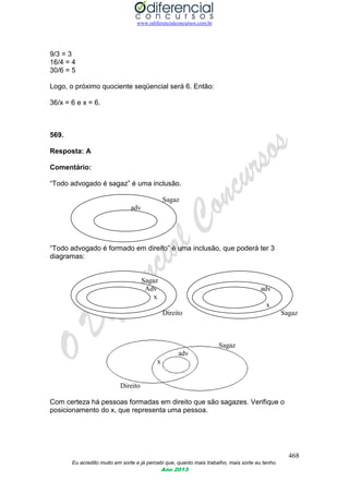 www.odiferencialconcursos.com.br
468
Eu acredito muito em sorte e já percebi que, quanto mais trabalho, mais sorte eu tenho.
Ano 2013
9/3 = 3
16/4 = 4
30/6 = 5
Logo, o próximo quociente seqüencial será 6. Então:
36/x = 6 e x = 6.
569.
Resposta: A
Comentário:
“Todo advogado é sagaz” é uma inclusão.
Sagaz
adv
“Todo advogado é formado em direito” é uma inclusão, que poderá ter 3
diagramas:
Sagaz
Adv adv
x
x
Direito Sagaz
Sagaz
adv
x
Direito
Com certeza há pessoas formadas em direito que são sagazes. Verifique o
posicionamento do x, que representa uma pessoa.
 
