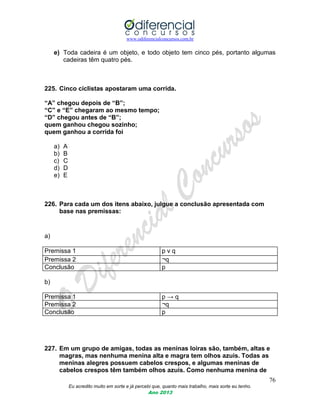 www.odiferencialconcursos.com.br
76
Eu acredito muito em sorte e já percebi que, quanto mais trabalho, mais sorte eu tenho.
Ano 2013
e) Toda cadeira é um objeto, e todo objeto tem cinco pés, portanto algumas
cadeiras têm quatro pés.
225. Cinco ciclistas apostaram uma corrida.
“A” chegou depois de “B”;
“C” e “E” chegaram ao mesmo tempo;
“D” chegou antes de “B”;
quem ganhou chegou sozinho;
quem ganhou a corrida foi
a) A
b) B
c) C
d) D
e) E
226. Para cada um dos itens abaixo, julgue a conclusão apresentada com
base nas premissas:
a)
Premissa 1 p v q
Premissa 2 ¬q
Conclusão p
b)
Premissa 1 p → q
Premissa 2 ¬q
Conclusão p
227. Em um grupo de amigas, todas as meninas loiras são, também, altas e
magras, mas nenhuma menina alta e magra tem olhos azuis. Todas as
meninas alegres possuem cabelos crespos, e algumas meninas de
cabelos crespos têm também olhos azuis. Como nenhuma menina de
 