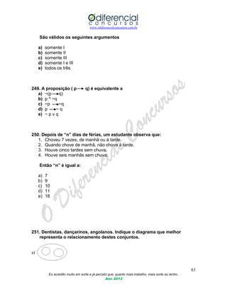 www.odiferencialconcursos.com.br
83
Eu acredito muito em sorte e já percebi que, quanto mais trabalho, mais sorte eu tenho.
Ano 2013
São válidos os seguintes argumentos
a) somente I
b) somente II
c) somente III
d) somente I e III
e) todos os três
249. A proposição ( p q) é equivalente a
a) ~(p q)
b) p ^ ~q
c) ~p ~q
d) p ~ q
e) ~ p v q
250. Depois de “n” dias de férias, um estudante observa que:
1. Choveu 7 vezes, de manhã ou à tarde.
2. Quando chove de manhã, não chove à tarde.
3. Houve cinco tardes sem chuva.
4. Houve seis manhãs sem chuva.
Então “n” é igual a:
a) 7
b) 9
c) 10
d) 11
e) 18
251. Dentistas, dançarinos, angolanos. Indique o diagrama que melhor
representa o relacionamento destes conjuntos.
a)
 