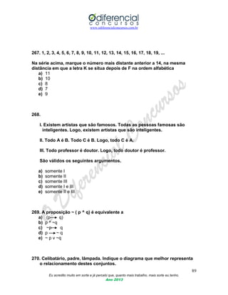 www.odiferencialconcursos.com.br
89
Eu acredito muito em sorte e já percebi que, quanto mais trabalho, mais sorte eu tenho.
Ano 2013
267. 1, 2, 3, 4, 5, 6, 7, 8, 9, 10, 11, 12, 13, 14, 15, 16, 17, 18, 19, ...
Na série acima, marque o número mais distante anterior a 14, na mesma
distância em que a letra K se situa depois de F na ordem alfabética
a) 11
b) 10
c) 8
d) 7
e) 9
268.
I. Existem artistas que são famosos. Todas as pessoas famosas são
inteligentes. Logo, existem artistas que são inteligentes.
II. Todo A é B. Todo C é B. Logo, todo C é A.
III. Todo professor é doutor. Logo, todo doutor é professor.
São válidos os seguintes argumentos.
a) somente I
b) somente II
c) somente III
d) somente I e III
e) somente II e III
269. A proposição ~ ( p ^ q) é equivalente a
a) (p q)
b) p ^ ~q
c) ~p q
d) p ~ q
e) ~ p v ~q
270. Celibatário, padre, lâmpada. Indique o diagrama que melhor representa
o relacionamento destes conjuntos.
 