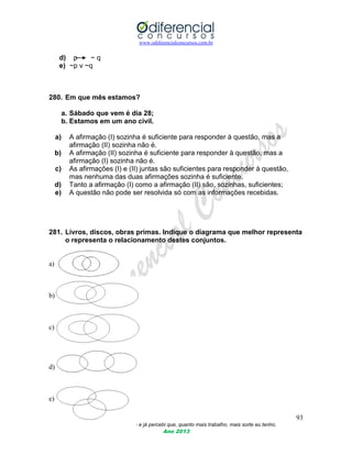 www.odiferencialconcursos.com.br
93
Eu acredito muito em sorte e já percebi que, quanto mais trabalho, mais sorte eu tenho.
Ano 2013
d) p ~ q
e) ~p v ~q
280. Em que mês estamos?
a. Sábado que vem é dia 28;
b. Estamos em um ano civil.
a) A afirmação (I) sozinha é suficiente para responder à questão, mas a
afirmação (II) sozinha não é.
b) A afirmação (II) sozinha é suficiente para responder à questão, mas a
afirmação (I) sozinha não é.
c) As afirmações (I) e (II) juntas são suficientes para responder à questão,
mas nenhuma das duas afirmações sozinha é suficiente.
d) Tanto a afirmação (I) como a afirmação (II) são, sozinhas, suficientes;
e) A questão não pode ser resolvida só com as informações recebidas.
281. Livros, discos, obras primas. Indique o diagrama que melhor representa
o representa o relacionamento destes conjuntos.
a)
b)
c)
d)
e)
 