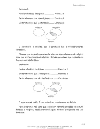 Diagramas lógicos
177
Exemplo 3:
Nenhum fanático é religioso. ...................... Premissa 1
Existem homens que são religiosos...........Premissa 2
Existem homens que são fanáticos............Conclusão
Fanáticos Religiosos
Homens
O argumento é inválido, pois a conclusão não é necessariamente
verdadeira.
Observe que, supondo como verdadeiro que alguns homens são religio-
sos e que nenhum fanático é religioso, não há a garantia de que exista algum
homem que seja fanático.
Exemplo 4:
Nenhum fanático é religioso. ...............................Premissa 1
Existem homens que são religiosos. ................. Premissa 2
Existem homens que não são fanáticos. ......... Conclusão
Fanáticos Religiosos
Homens
O argumento é válido. A conclusão é necessariamente verdadeira.
Pelos diagramas fica claro que se existem homens religiosos e nenhum
fanático é religioso, necessariamente alguns homens (religiosos) não são
fanáticos.
Esse material é parte integrante do Videoaulas on-line do IESDE BRASIL S/A,
mais informações www.videoaulasonline.com.br
 