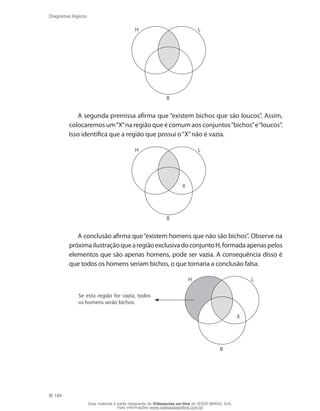 184
Diagramas lógicos
H
B
L
A segunda premissa afirma que “existem bichos que são loucos”. Assim,
colocaremos um“X”na região que é comum aos conjuntos“bichos”e“loucos”.
Isso identifica que a região que possui o“X”não é vazia.
H
B
L
X
A conclusão afirma que“existem homens que não são bichos”. Observe na
próximailustraçãoquearegiãoexclusivadoconjuntoH,formadaapenaspelos
elementos que são apenas homens, pode ser vazia. A consequência disso é
que todos os homens seriam bichos, o que tornaria a conclusão falsa.
H
B
X
L
Se esta região for vazia, todos
os homens serão bichos.
Esse material é parte integrante do Videoaulas on-line do IESDE BRASIL S/A,
mais informações www.videoaulasonline.com.br
 