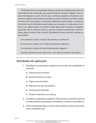 188
Diagramas lógicos
Aristóteles inicia sua exposição dedutiva da teoria estabelecendo assim as
chamadas leis de conversão que, posteriormente, usa para “reduzir” uma es-
pécie de silogismo a outra. Diz ele que a sentença negativa universal se con-
verte em negativa universal; por exemplo, se nenhum prazer é um bem, então
nenhum bem será prazer. As sentenças afirmativas particulares e universais
convertem-se em afirmativas particulares; por exemplo, se todo prazer é um
bem ou se algum prazer é um bem, então algum bem é prazer. A negativa
particular não se converte; não é o caso de se algum animal não é homem,
então algum homem não é animal. Aristóteles formula essas leis valendo-se
de variáveis:
Se A pertence a não B, então B não pertence a nenhum A.
Se A pertence a todos os B, então B pertencerá a algum A.
Se A pertence a algum B, então B pertencerá a algum A.
Essa foi a primeira vez em que se fez o uso claro de variáveis em ciência.
Atividades de aplicação
1.	 Classifique as proposições categóricas de acordo com a qualidade e a
extensão:
a)	 Todo animal é carnívoro.
b)	 Nenhum homem é cristão.
c)	 Alguns macacos latem.
d)	 Algumas ruas não são públicas.
e)	 Existem praias poluídas.
f)	 Existem motoristas sem carteira.
2.	 Considere a proposição categórica“Todo homem é mortal”. Escreva as
correspondentes proposições: contraditória, contrária e superalterna.
3.	 Se for verdade que todos os alunos são estudiosos, então é necessaria-
mente verdadeiro que:
Esse material é parte integrante do Videoaulas on-line do IESDE BRASIL S/A,
mais informações www.videoaulasonline.com.br
 