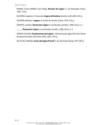 192
Diagramas lógicos
NAHRA, Cínara; WEBER, Ivan Hingo. Através da Lógica. 5. ed. Petrópolis: Vozes,
1997. 174 p.
OLIVEIRA, Augusto J. Franco de. Lógica Aritmética. Brasília: UnB, 2004. 241 p.
SALMON, Wesley C. Lógica. 4. ed. Rio de Janeiro: Zahar, 1978. 142 p.
SÉRATES, Jonofon. Raciocínio Lógico. 8. ed. Brasília: Jonofon, 1998. 432 p. v. 1.
_____. Raciocínio Lógico. 8. ed. Brasília: Jonofon, 1998. 467 p. v. 2.
SOARES, Edvaldo. FundamentosdaLógica– elementos da Lógica Formal e Teoria
da Argumentação. São Paulo: Atlas, 2003. 187 p.
TELLES JR., Goffredo. Curso de Lógica Formal. 3. ed. São Paulo: Edusp, 1973. 367 p.
Esse material é parte integrante do Videoaulas on-line do IESDE BRASIL S/A,
mais informações www.videoaulasonline.com.br
 
