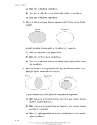 194
Diagramas lógicos
a)	 Não, pois todo aluno é estudioso.
b)	 Sim, pois se todo aluno é estudioso, algum aluno é estudioso.
c)	 Não, pois todo aluno é estudioso.
4.	 Observe a ilustração que destaca a proposição“nenhum aluno é estu-
dioso”:
EstudiososAlunos
	 A partir dessa ilustração, pode-se corretamente responder:
a)	 Não, pois nenhum aluno é estudioso.
b)	 Não, pois nenhum aluno é estudioso.
c)	 Sim, pois se nenhum aluno é estudioso, então alguns alunos não
são estudiosos.
5.	 Observe algumas ilustrações possíveis a partir da veracidade da pro-
posição“alguns alunos são estudiosos”:
Estudiosos
Alunos
EstudiososAlunos
	 A partir dessas ilustrações, pode-se corretamente responder:
a)	 Não, pois, pela primeira ilustração, é possível que existam alunos
que não sejam estudiosos.
b)	 Não, pois, pela primeira ilustração, é possível que existam alunos
que sejam estudiosos.
c)	 Não, pois, pela segunda ilustração, é possível que todos os alunos
sejam estudiosos.
Esse material é parte integrante do Videoaulas on-line do IESDE BRASIL S/A,
mais informações www.videoaulasonline.com.br
 